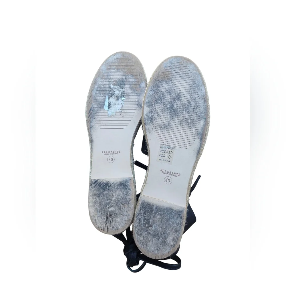 All Saints Black Leather Espadrille Ankle Tie Flats